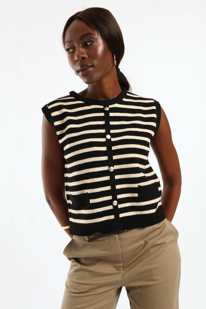 Striped Button Through Vest - Black/Cream