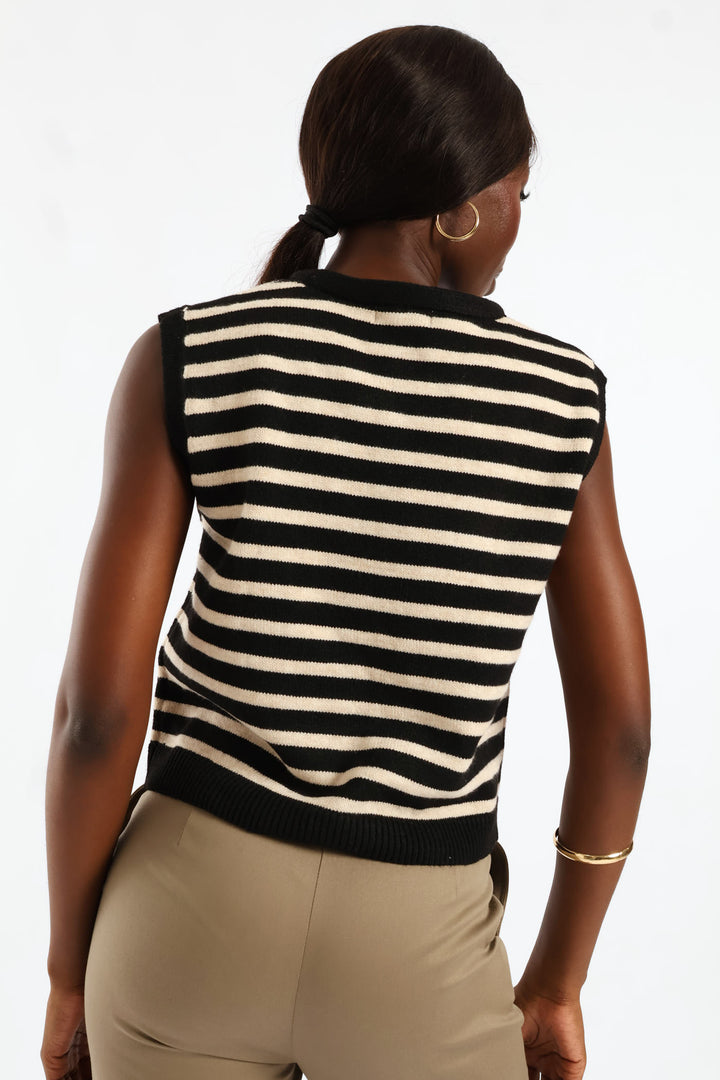 Striped Button Through Vest - Black/Cream
