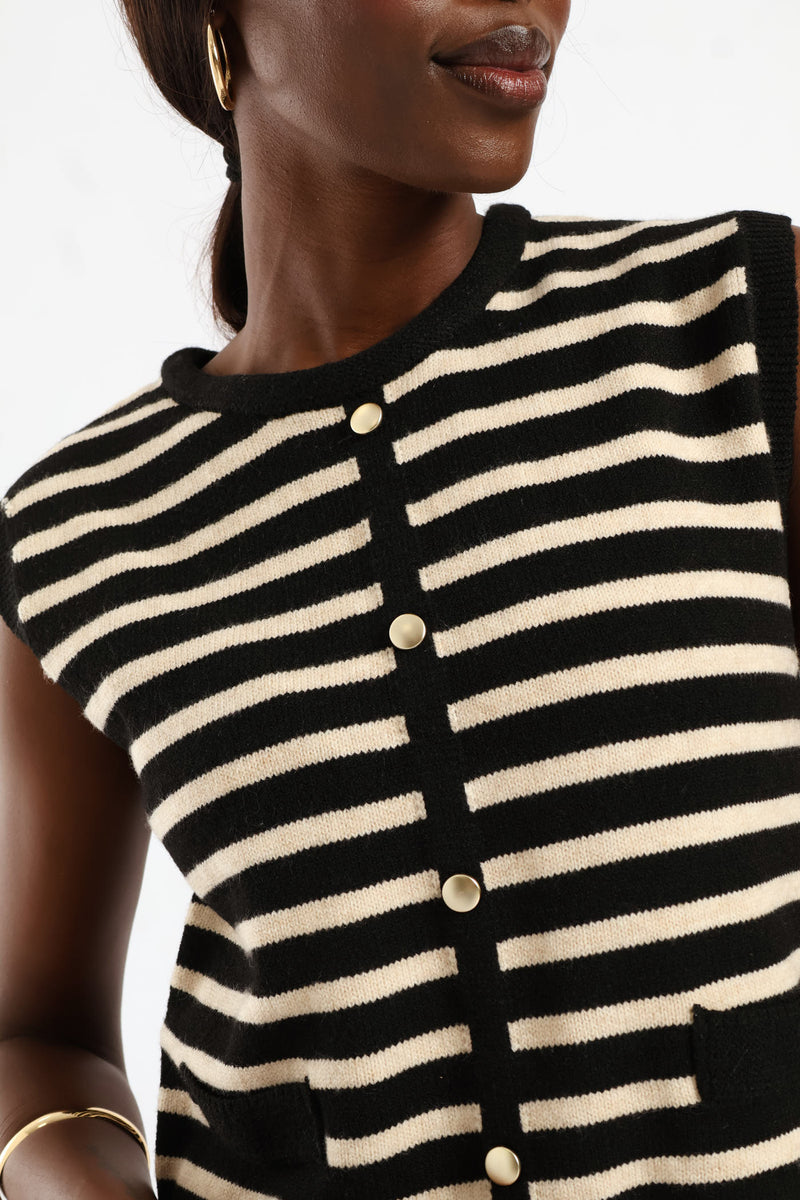 Striped Button Through Vest - Black/Cream