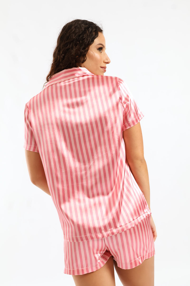 Satin Button Through & Stripe Short Set - Pink