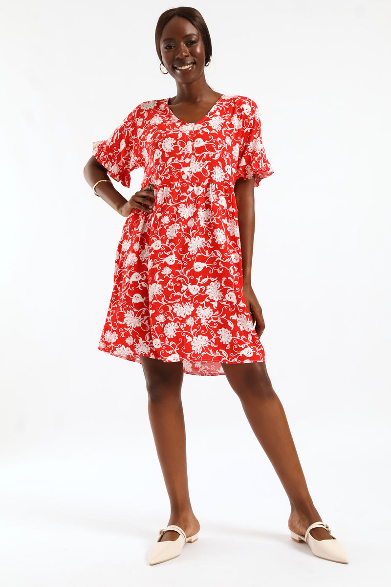 V-Neck Babydoll Dress - White/Red