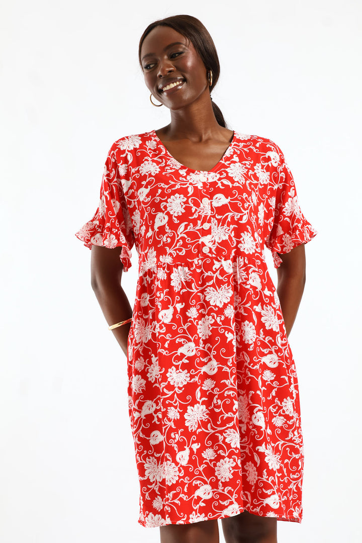 V-Neck Babydoll Dress - White/Red