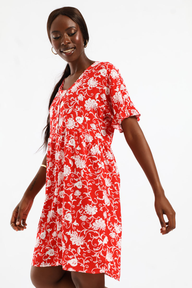 V-Neck Babydoll Dress - White/Red