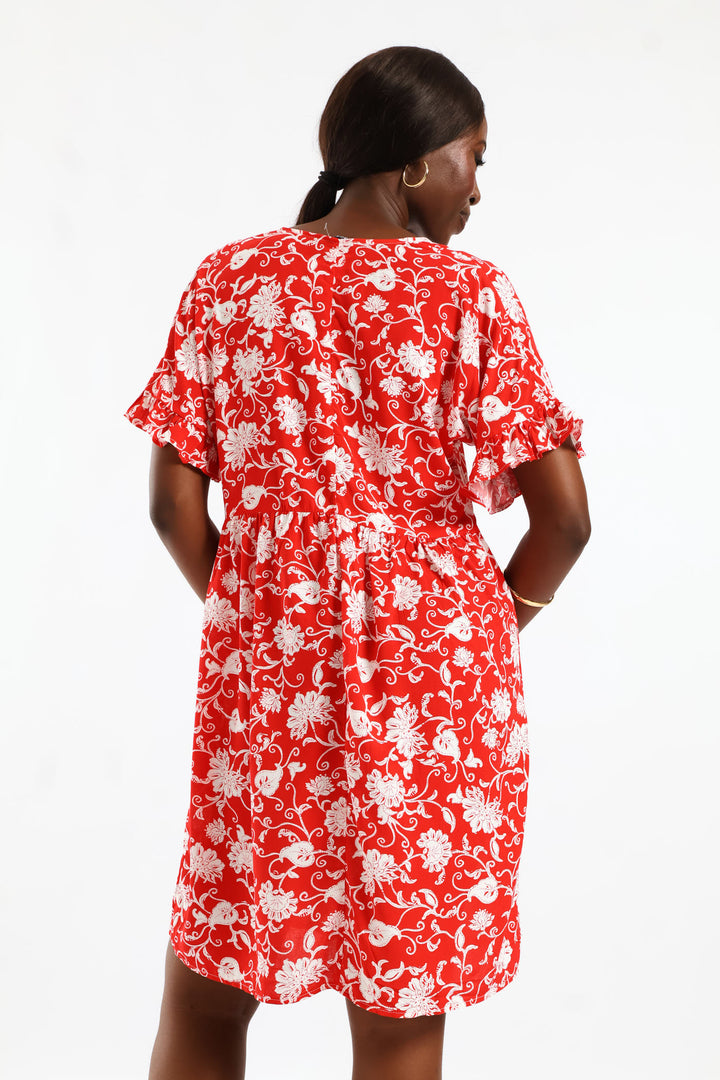 V-Neck Babydoll Dress - White/Red