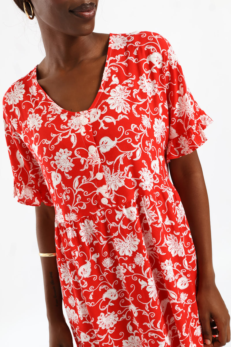 V-Neck Babydoll Dress - White/Red