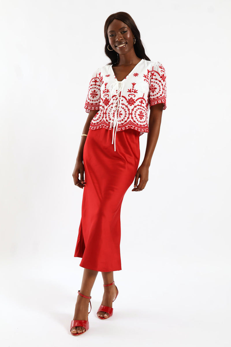 Pull On Elasticated Bias Cut Midi Skirt - Rust