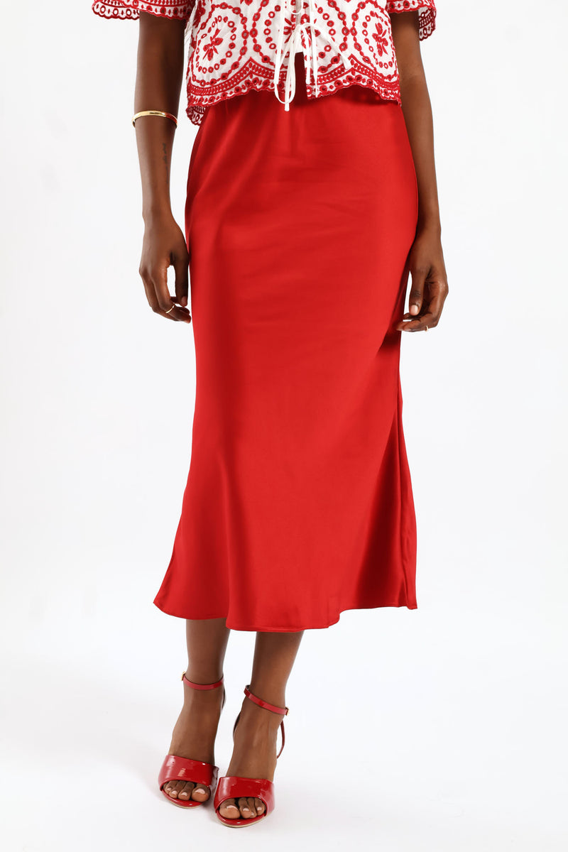 Pull On Elasticated Bias Cut Midi Skirt - Rust