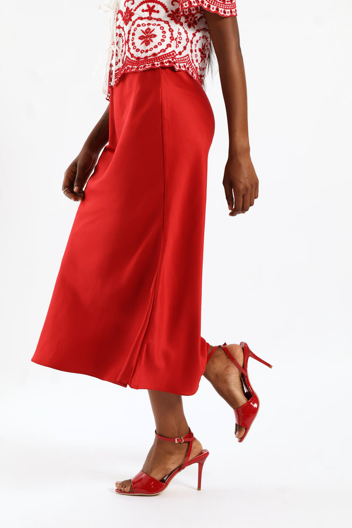 Pull On Elasticated Bias Cut Midi Skirt - Rust