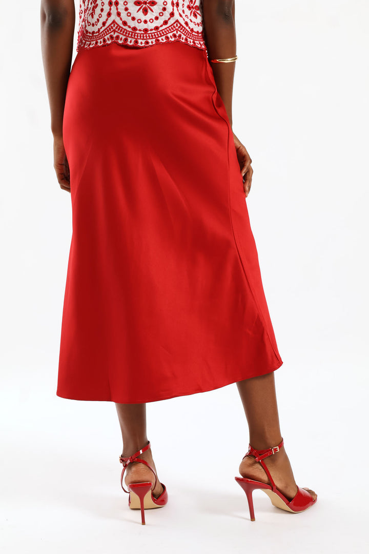 Pull On Elasticated Bias Cut Midi Skirt - Rust