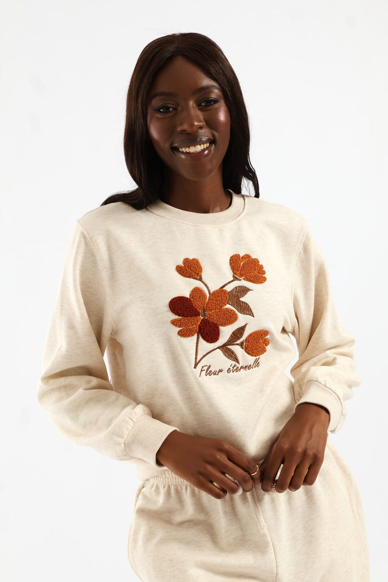 Flower Loop Embroidery Pullover - Oatmeal Melange