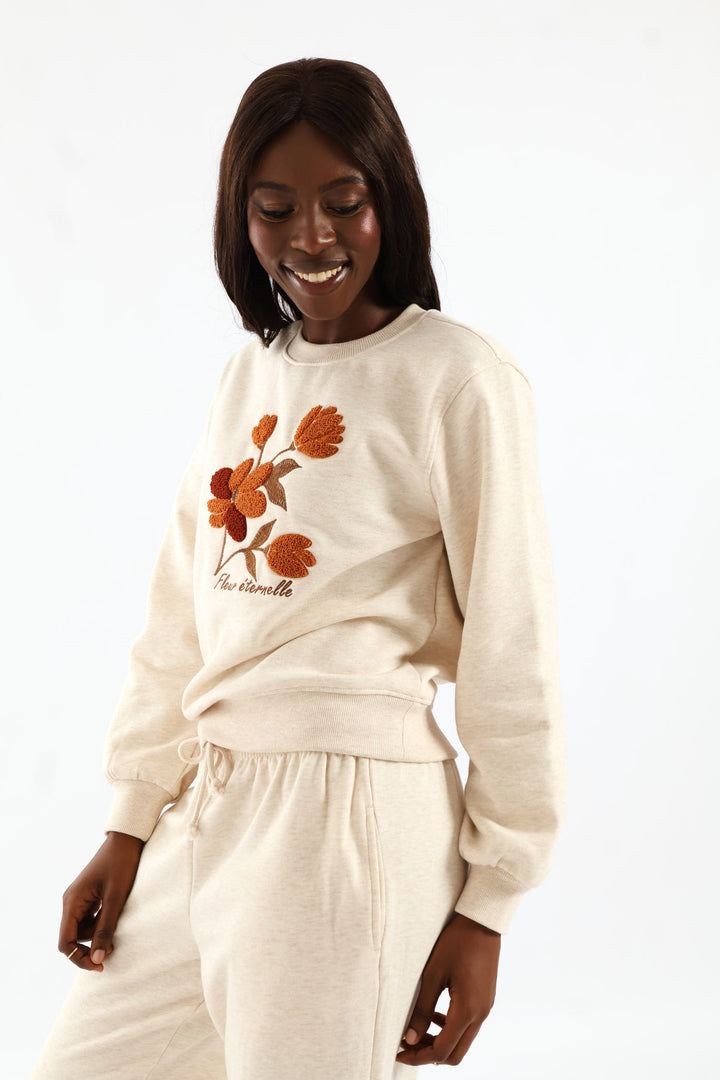 Flower Loop Embroidery Pullover - Oatmeal Melange