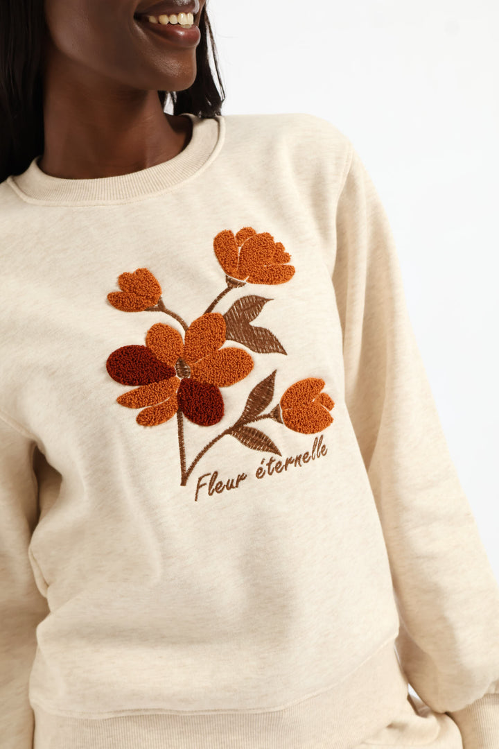 Flower Loop Embroidery Pullover - Oatmeal Melange
