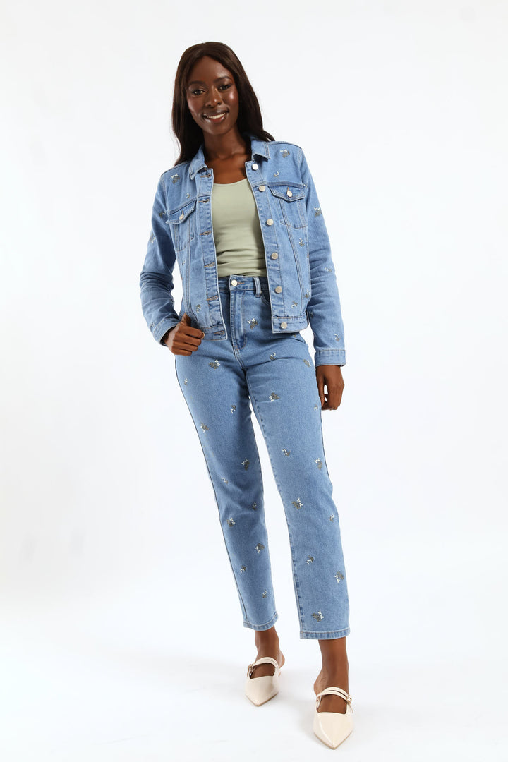 White Daisies Print Embroidered Denim Trucker - Light Wash