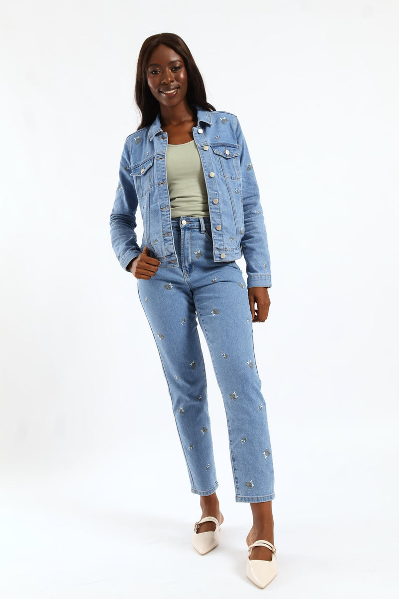 White Daisies Print Embroidered Denim Trucker - Light Wash