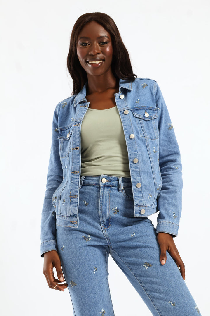 White Daisies Print Embroidered Denim Trucker - Light Wash