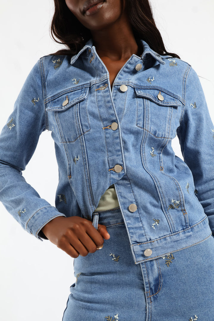 White Daisies Print Embroidered Denim Trucker - Light Wash