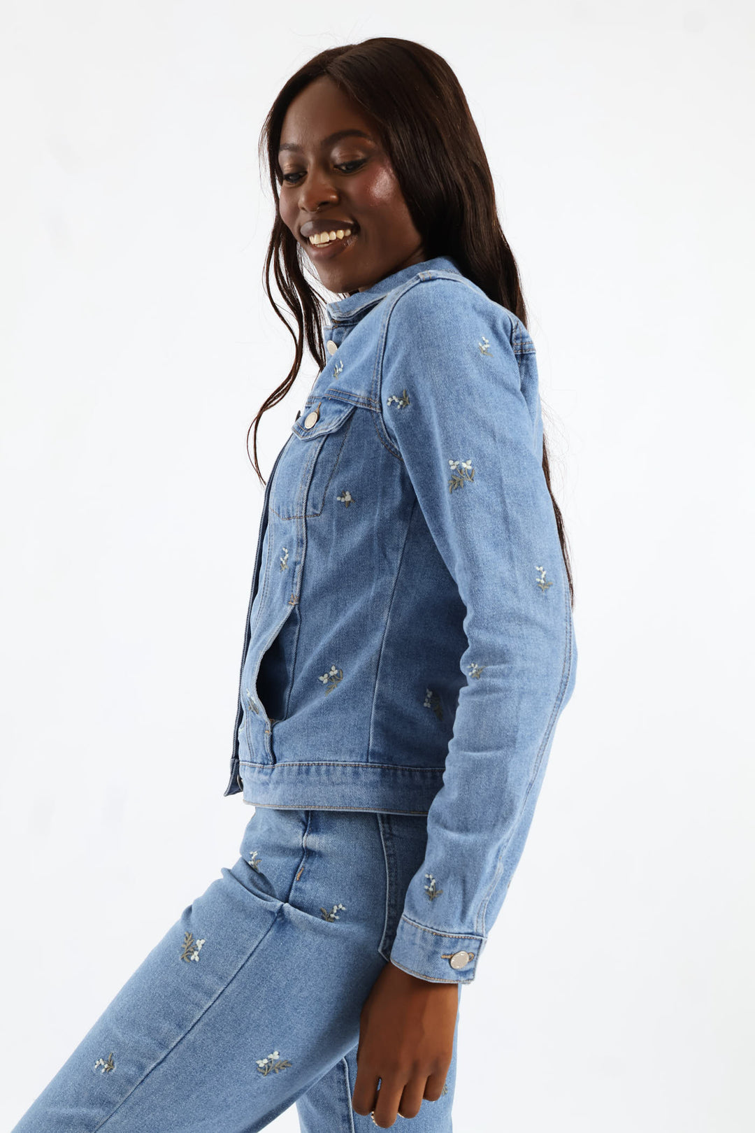 White Daisies Print Embroidered Denim Trucker - Light Wash