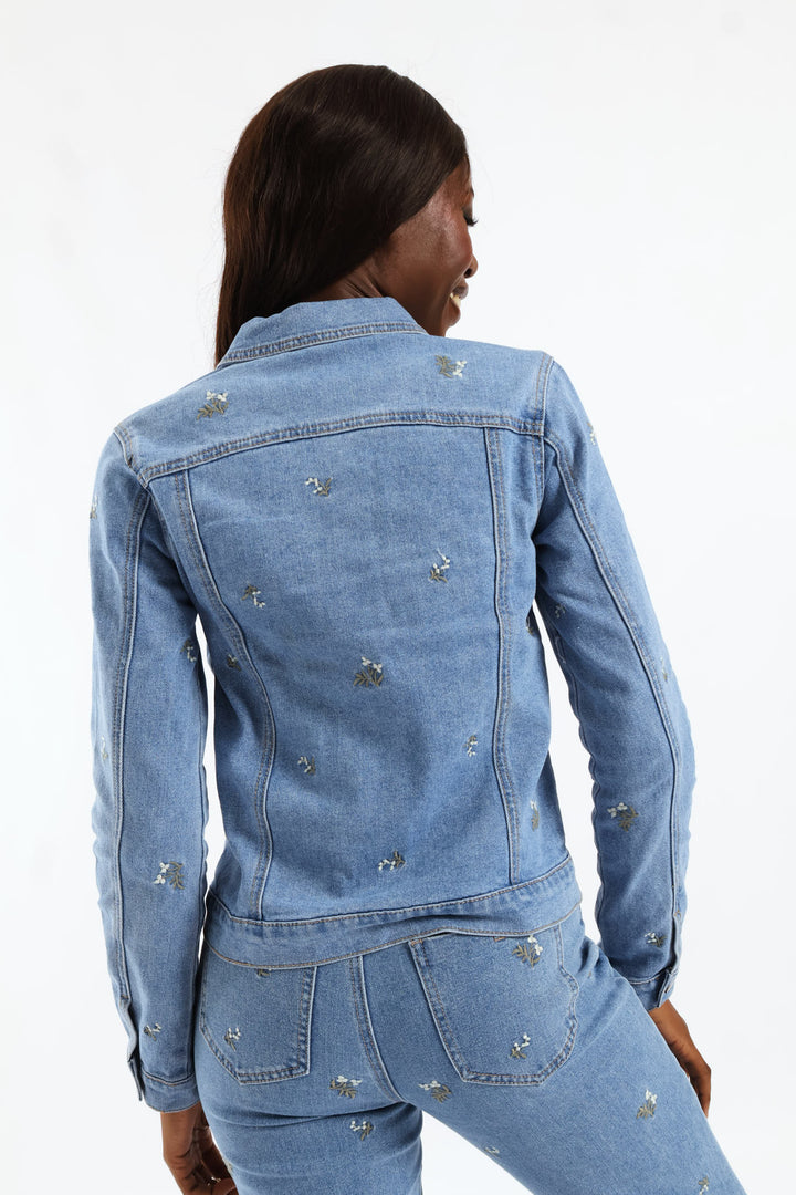 White Daisies Print Embroidered Denim Trucker - Light Wash