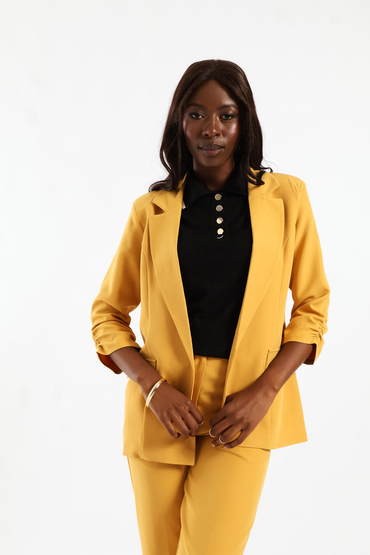 Notch Collar Gauged Sleeve Blazer - Mid Yellow