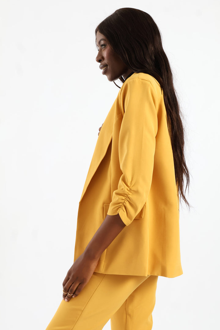 Notch Collar Gauged Sleeve Blazer - Mid Yellow