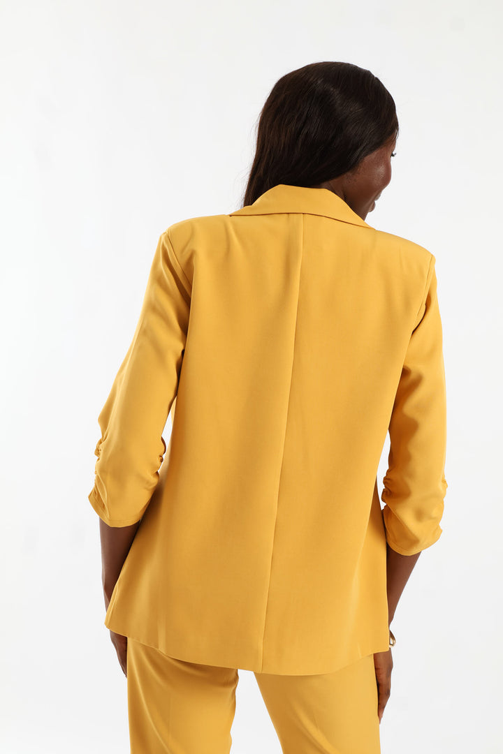 Notch Collar Gauged Sleeve Blazer - Mid Yellow