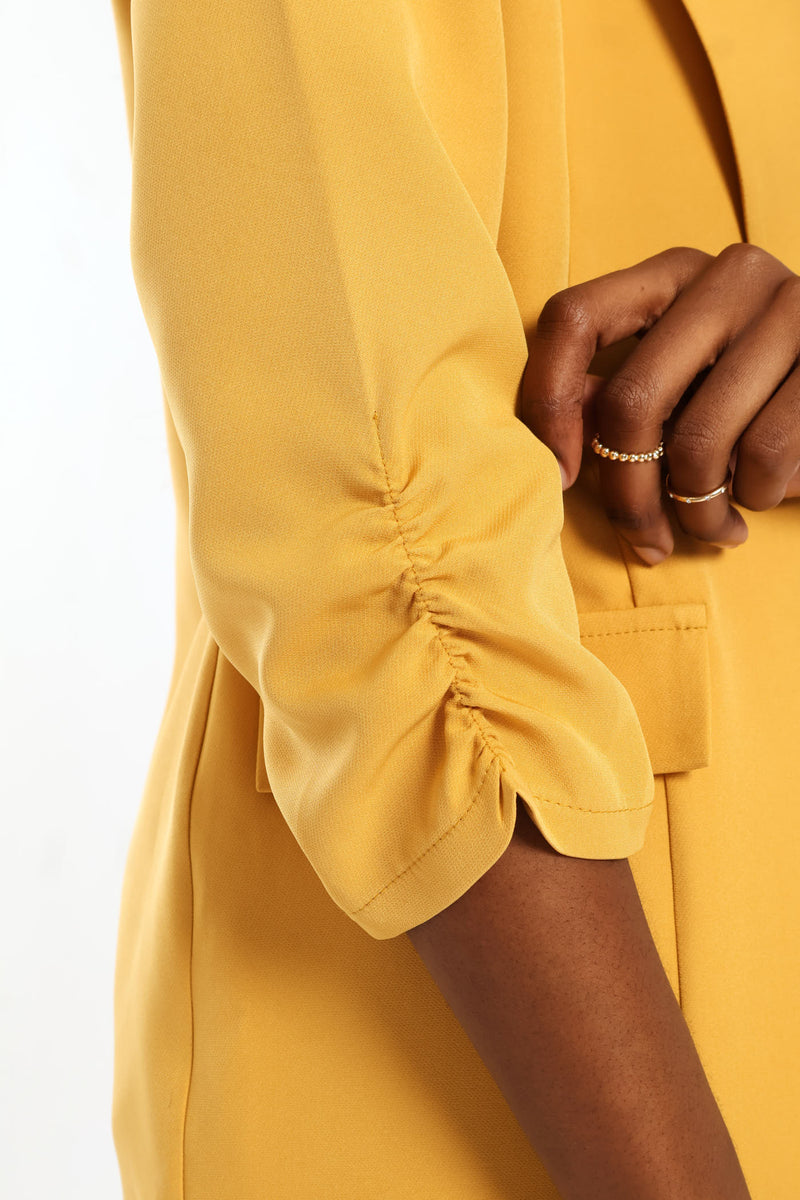 Notch Collar Gauged Sleeve Blazer - Mid Yellow