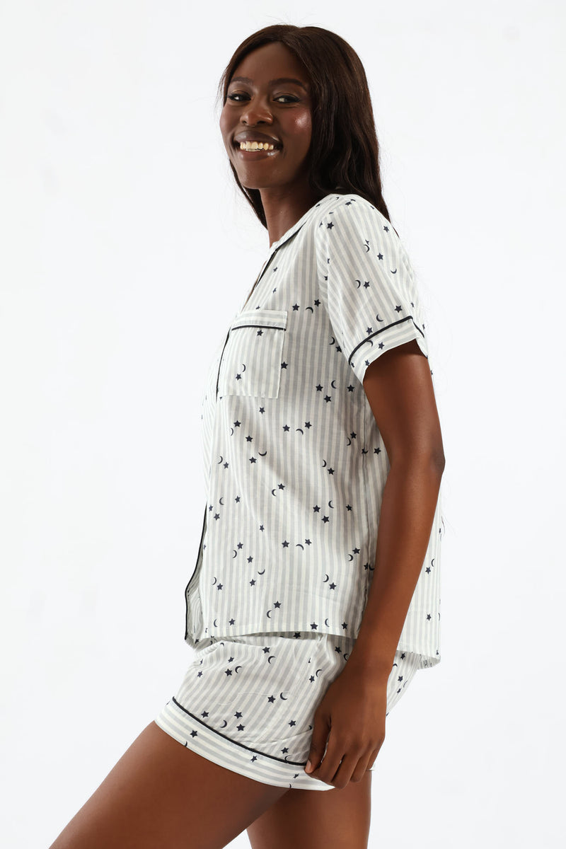 Stripe Stars Button Through & Cotton Short Set - White/Navy