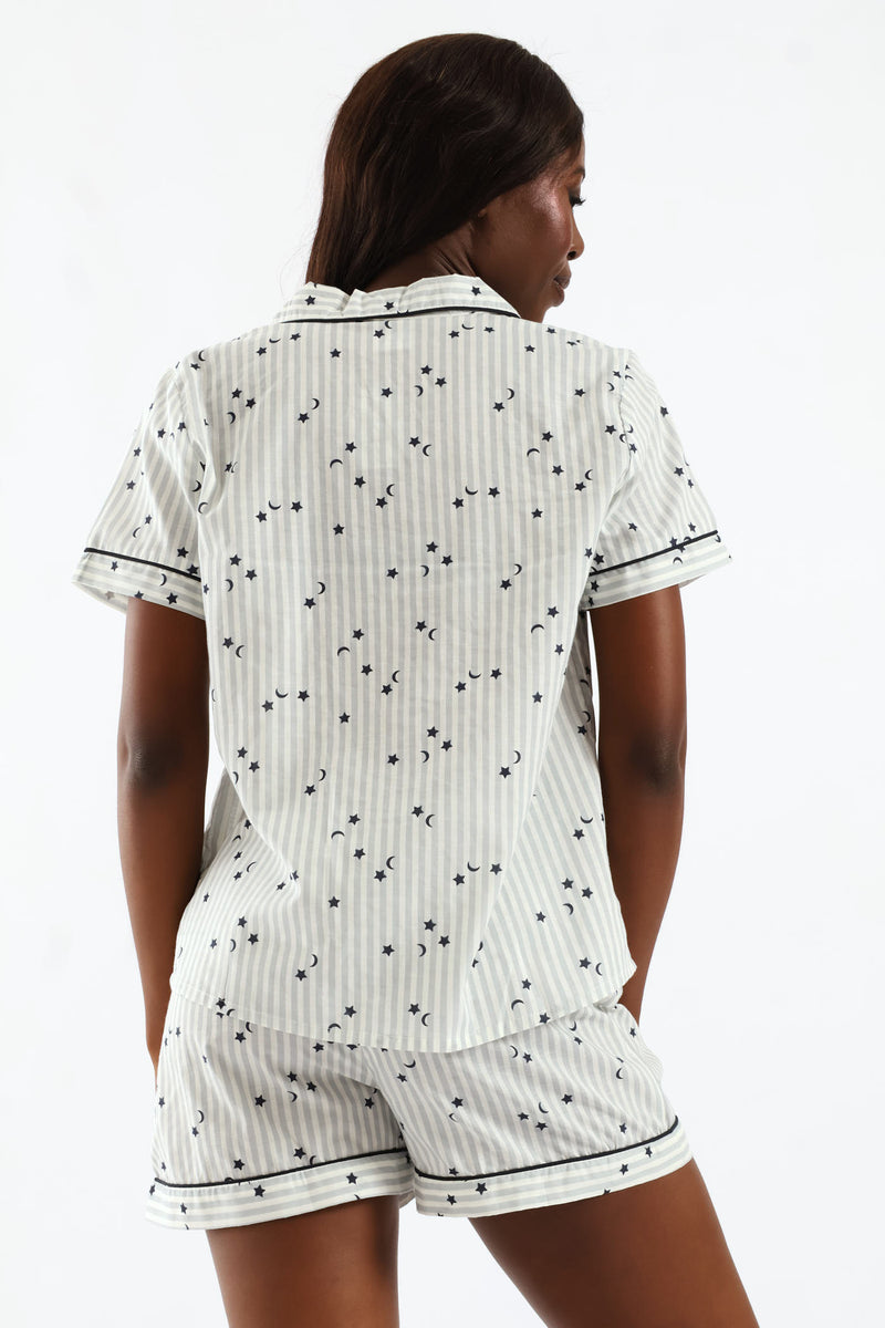 Stripe Stars Button Through & Cotton Short Set - White/Navy