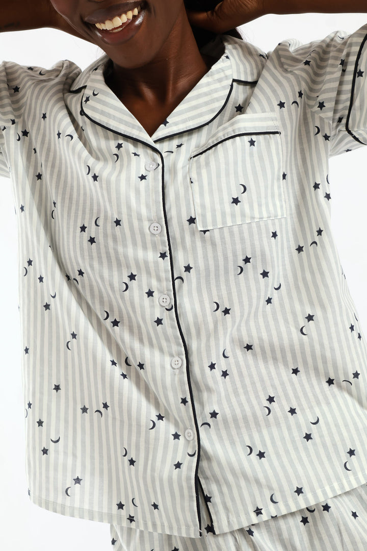 Stripe Stars Button Through & Cotton Short Set - White/Navy