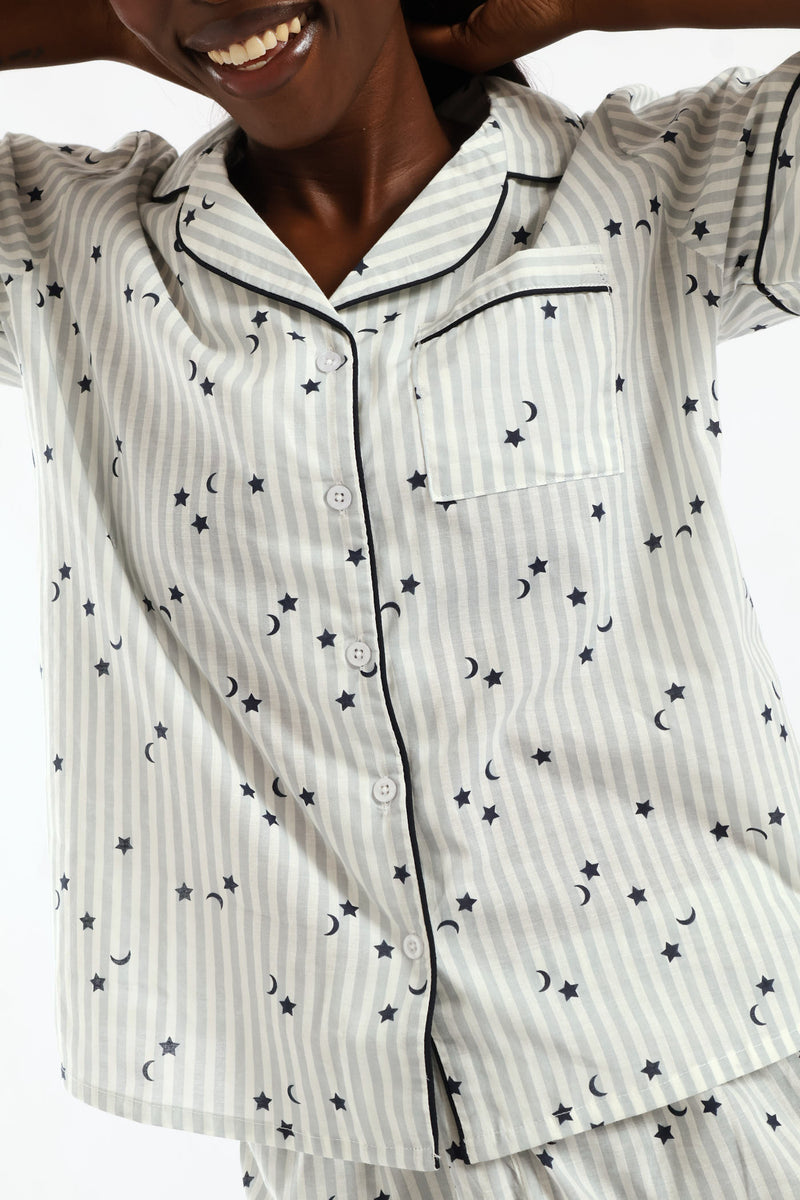 Stripe Stars Button Through & Cotton Short Set - White/Navy