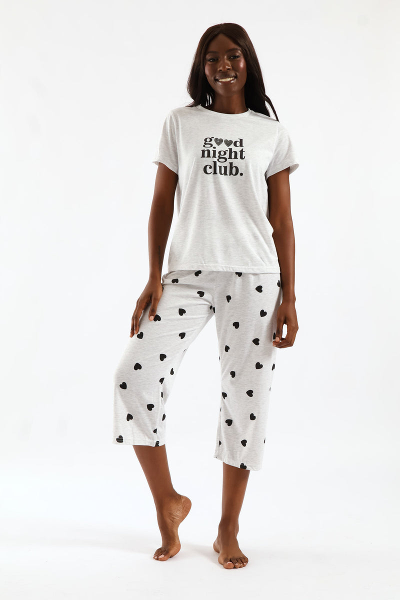 Hearts Short Sleeve & Capri Knit Sleep Set - Grey Melange