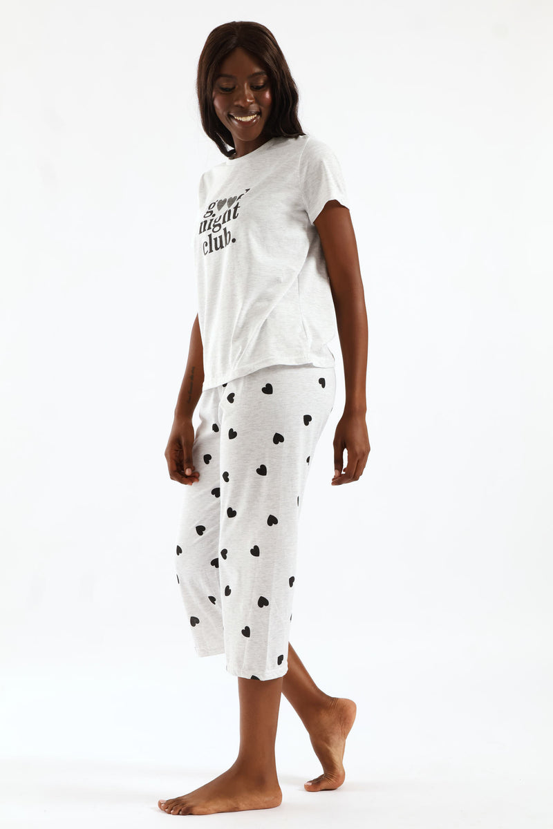Hearts Short Sleeve & Capri Knit Sleep Set - Grey Melange