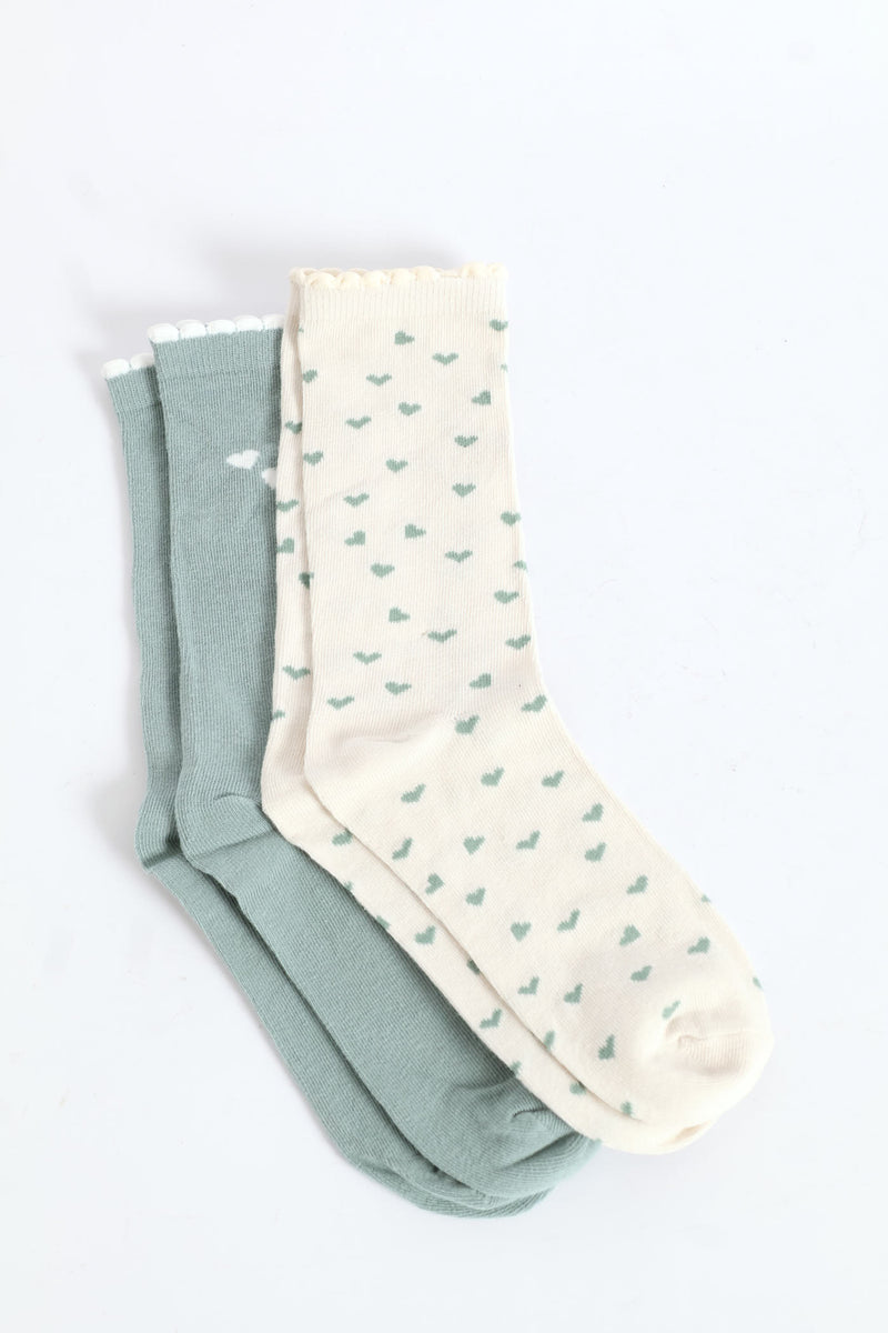 2 Pack Hearts Crew Fashion Socks - Duck Egg