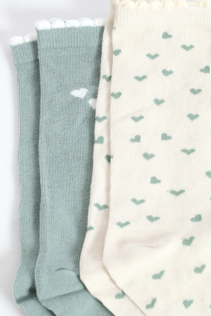 2 Pack Hearts Crew Fashion Socks - Duck Egg