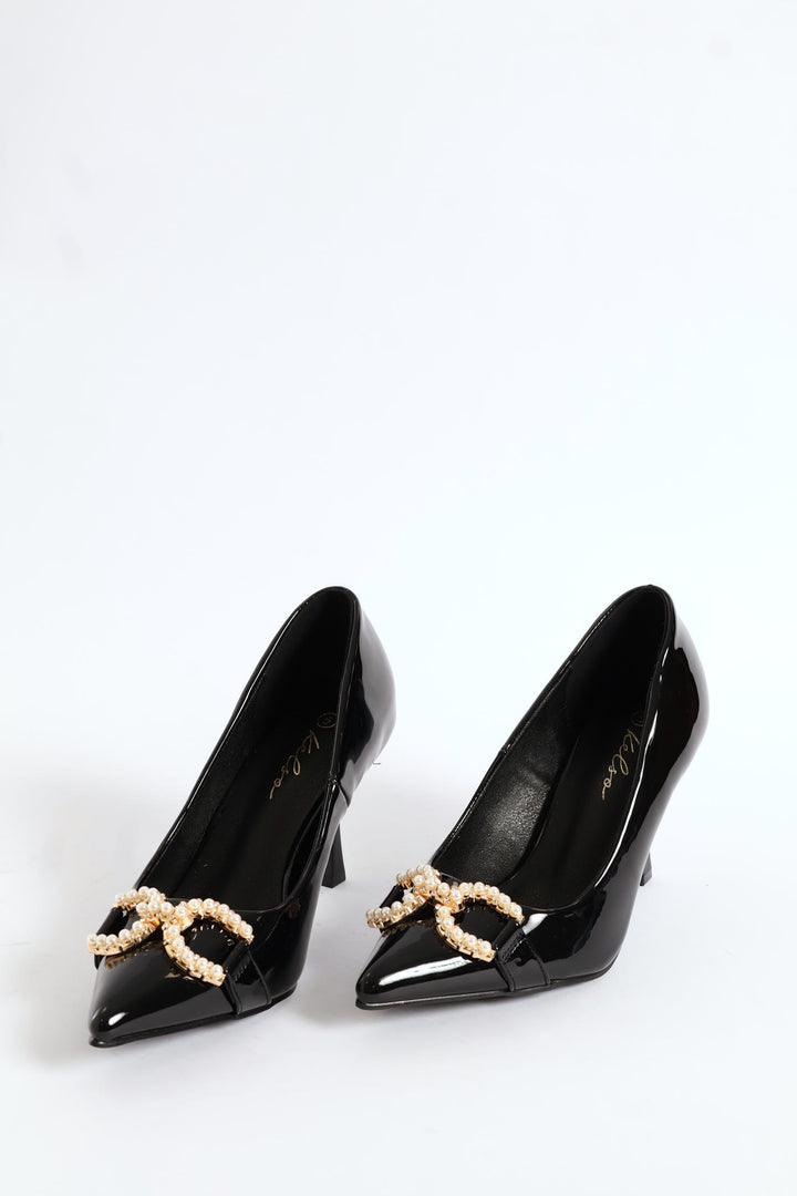 Pearl Trim Pointy Kitten Court Heel - Black