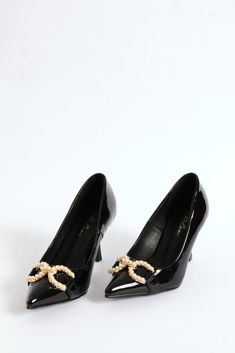 Pearl Trim Pointy Kitten Court Heel - Black
