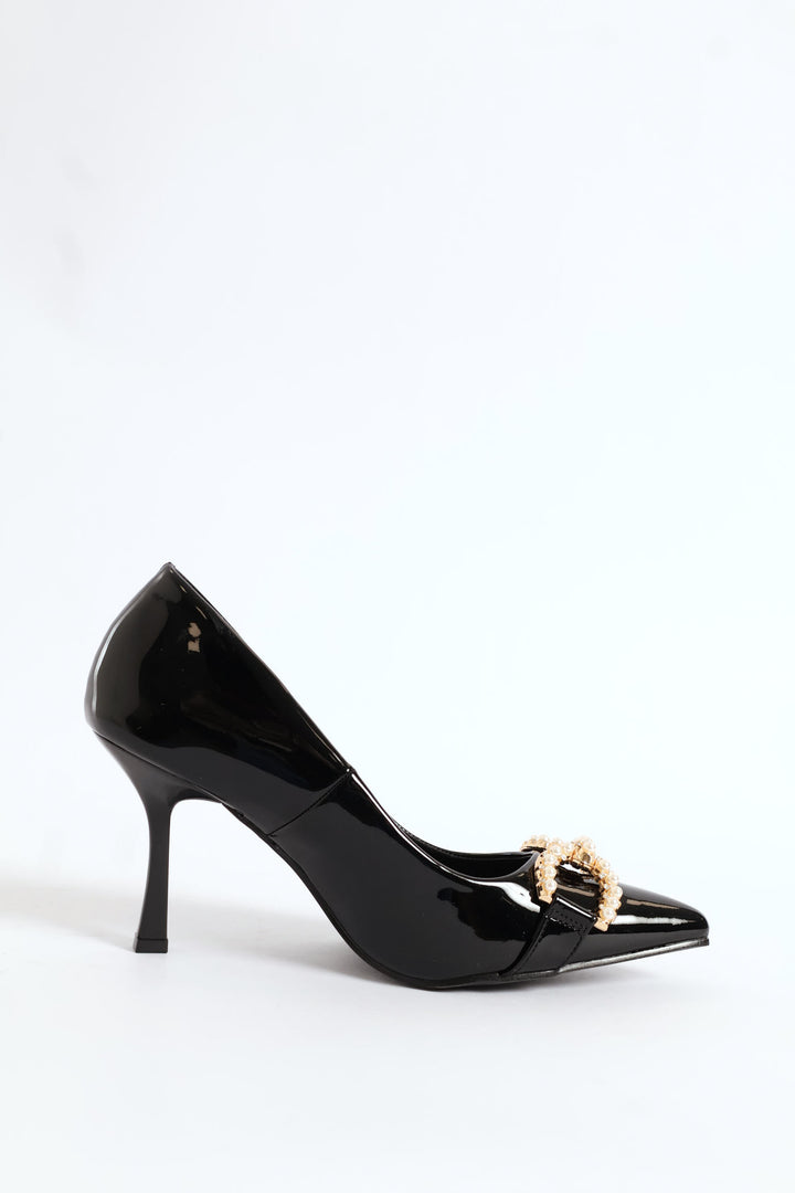Pearl Trim Pointy Kitten Court Heel - Black