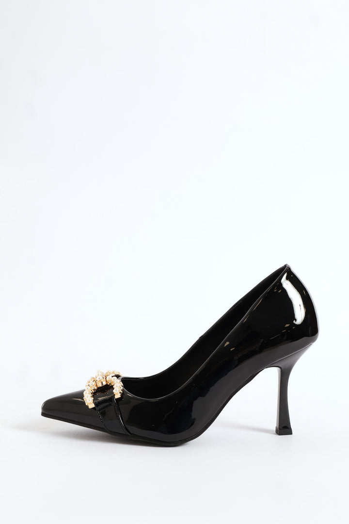 Pearl Trim Pointy Kitten Court Heel - Black