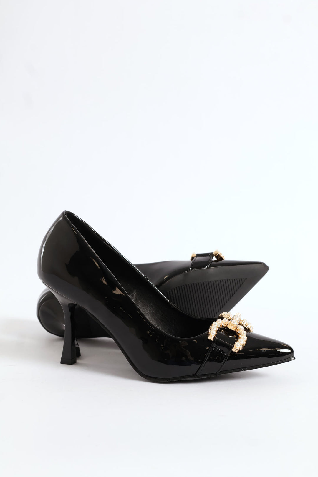 Pearl Trim Pointy Kitten Court Heel - Black