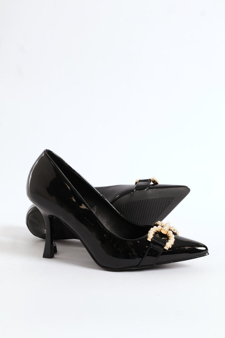 Pearl Trim Pointy Kitten Court Heel - Black