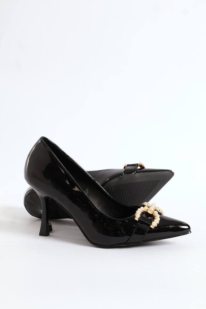 Pearl Trim Pointy Kitten Court Heel - Black