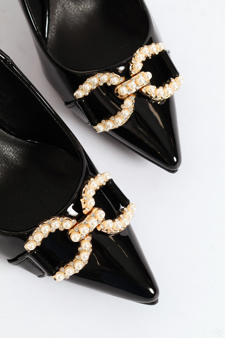 Pearl Trim Pointy Kitten Court Heel - Black