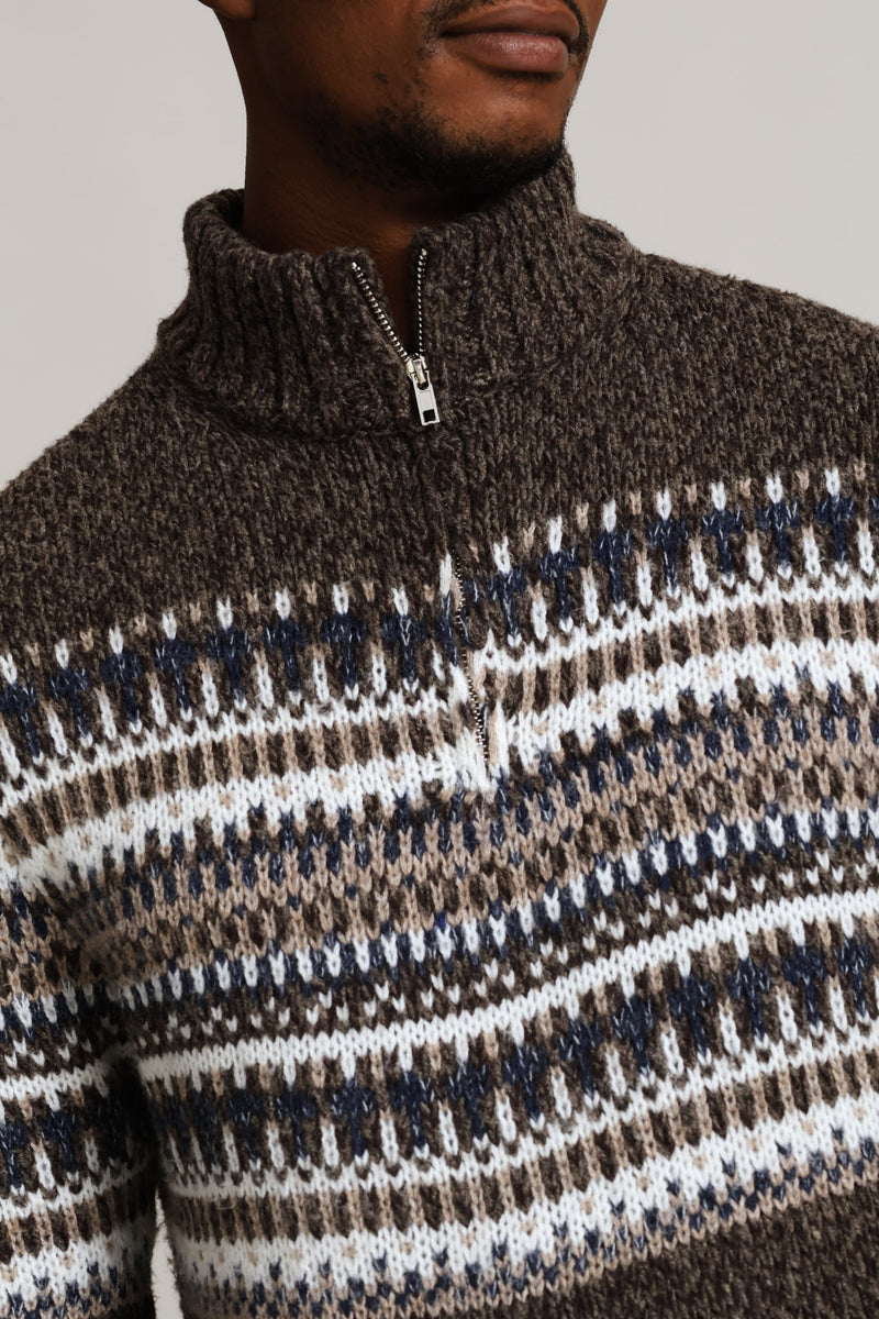 Brown Fair Isle 1/4 Zip Knitwear - Brown