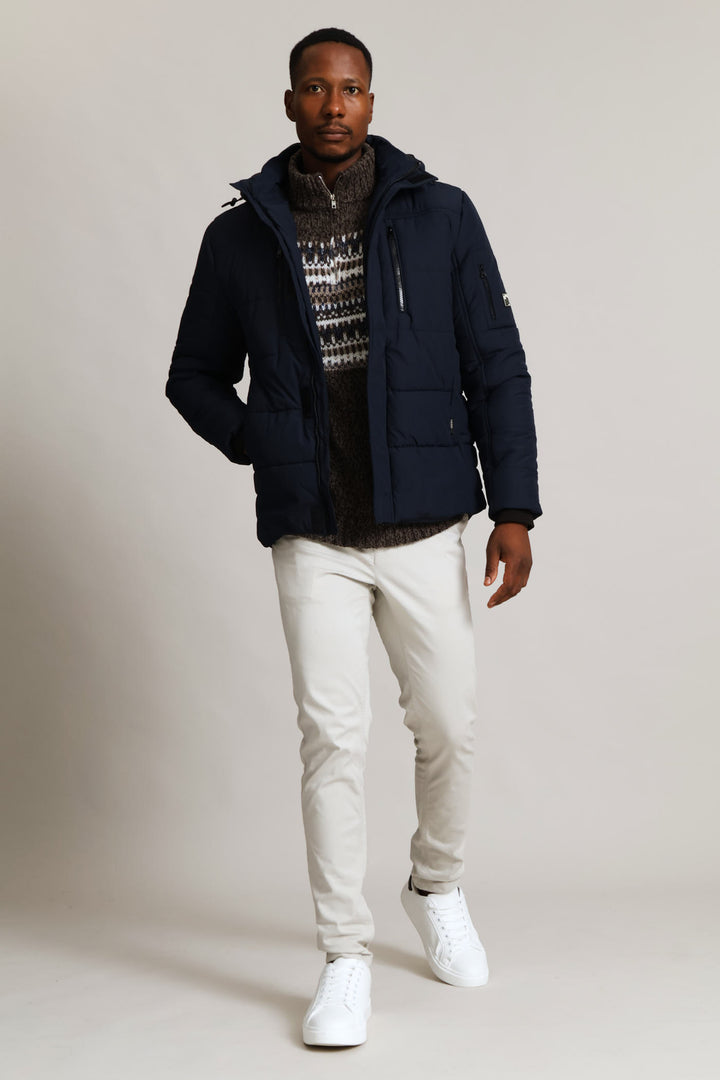 Hooded Zip Pocket Padded Jacket - Navy