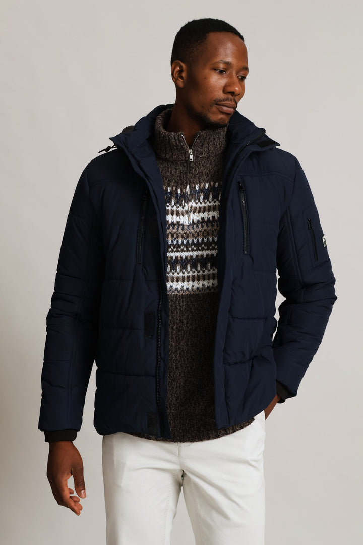 Hooded Zip Pocket Padded Jacket - Navy