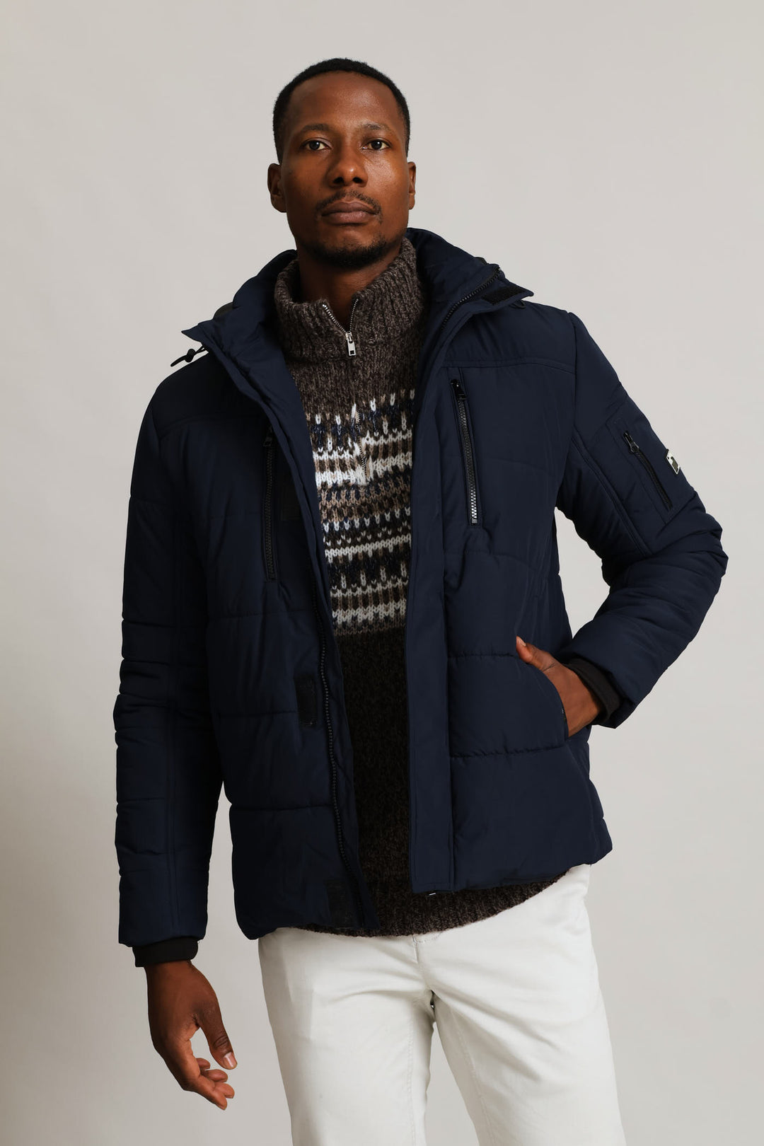 Hooded Zip Pocket Padded Jacket - Navy