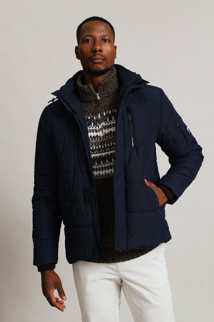 Hooded Zip Pocket Padded Jacket - Navy