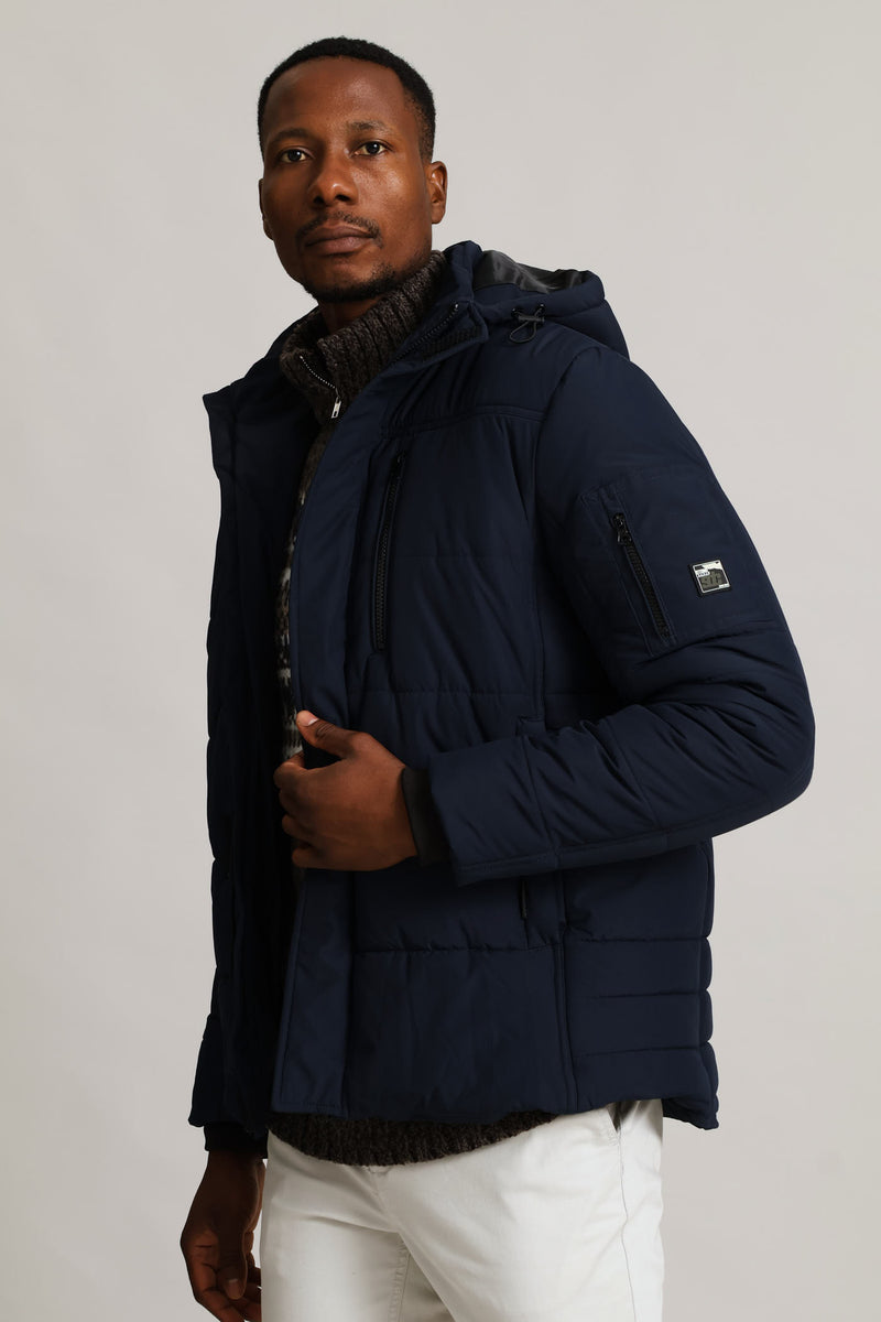 Hooded Zip Pocket Padded Jacket - Navy
