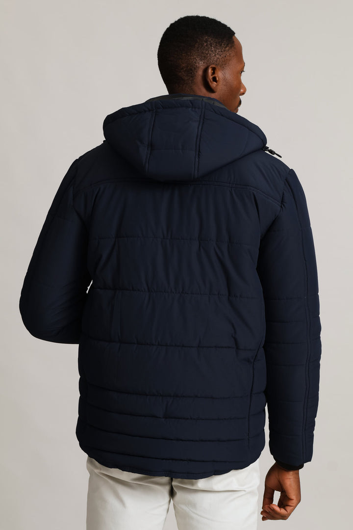 Hooded Zip Pocket Padded Jacket - Navy