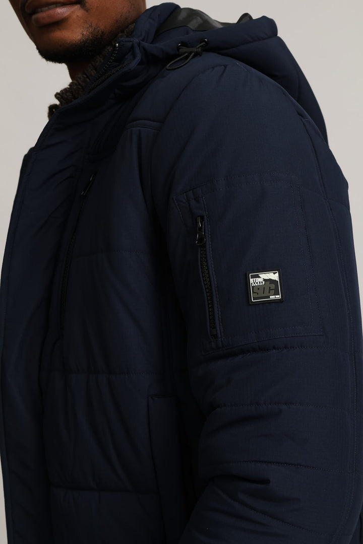 Hooded Zip Pocket Padded Jacket - Navy